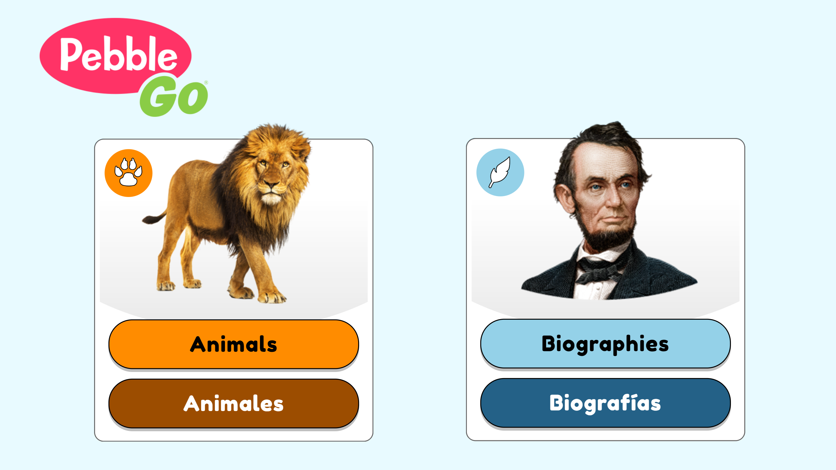 A screencap of Pebble Go and its Animals and Biographies sections.