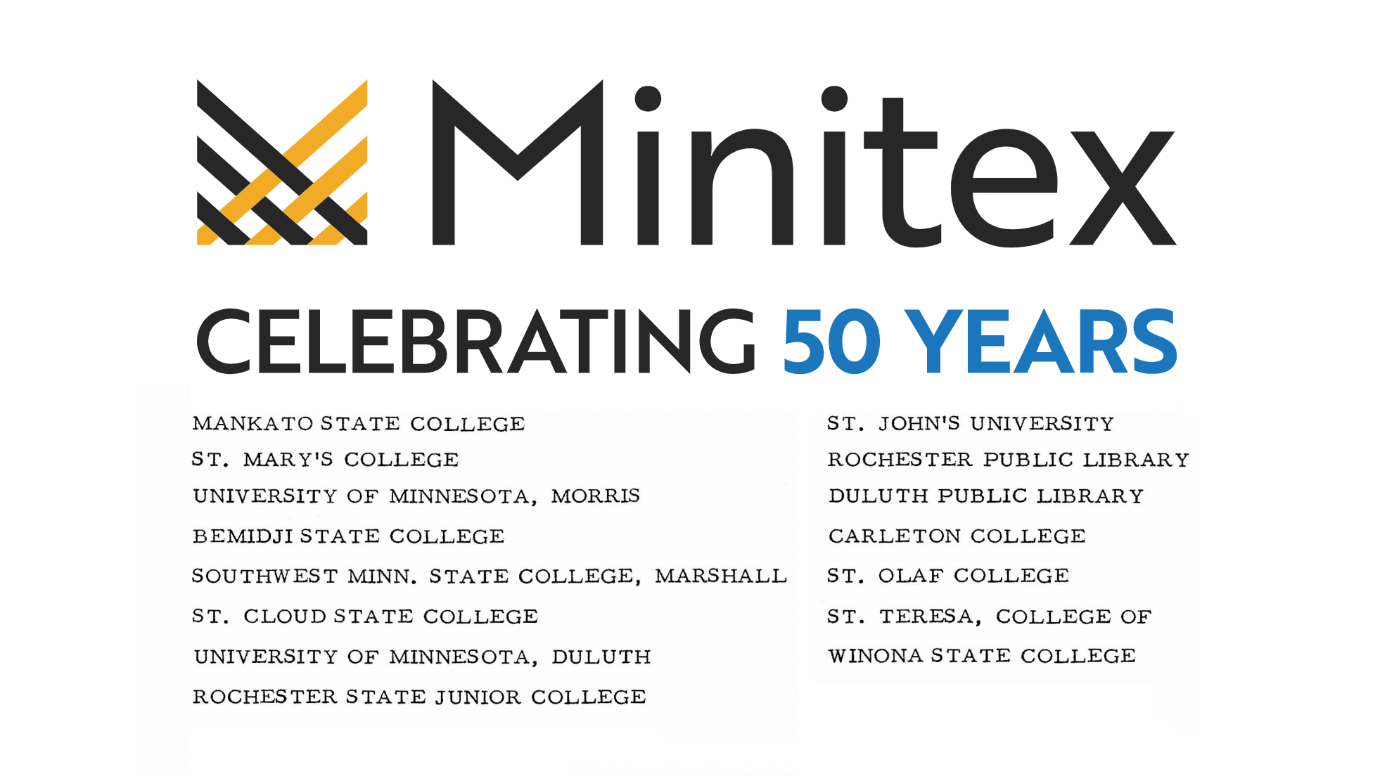 The Minitex "Celebrating 50 Years" logo above the names of the fifteen libraries that participated in the pilot phase.