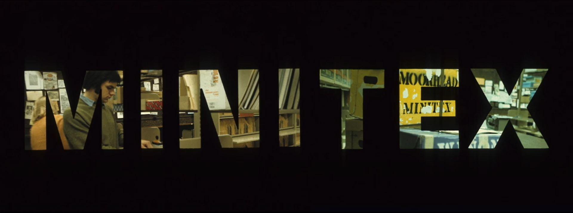 The word "MINITEX" cut from photographs of library work and workers, set over a black background.
