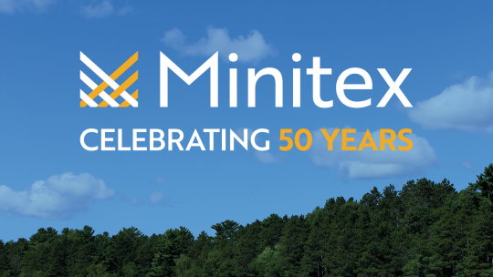 The Minitex 50th anniversary logo, "Minitex, Celebrating 50 Years," set in front of a blue sky above green fir trees..