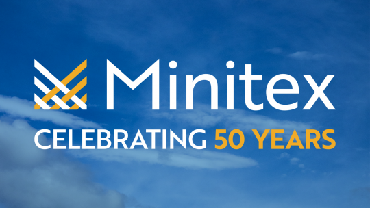 The Minitex 50th anniversary logo, "Minitex, Celebrating 50 Years," set in front of a blue sky.