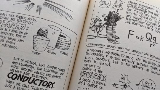 A photograph of an interior page of "The Cartoon Guide to Physics" by Larry Gonick and Art Huffman.