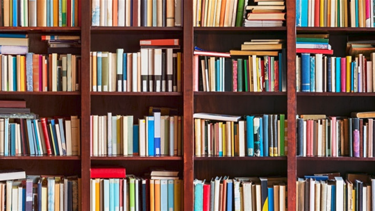 A photo of bookshelves filled with books.