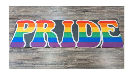The Word "Pride" with a rainbow overlay.
