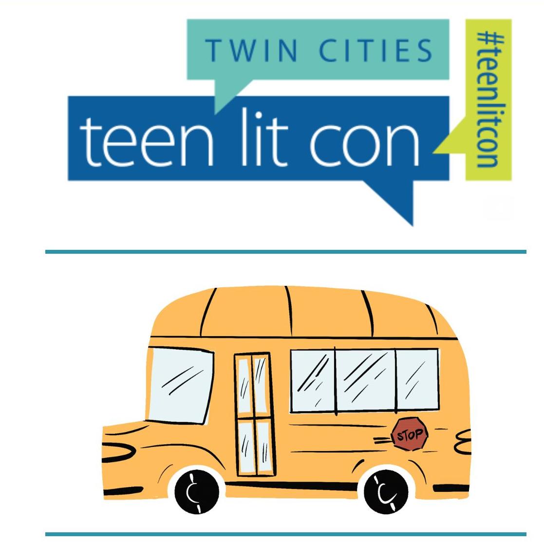 The Teen Lit Con wordmark and logo, a yellow cartoon bus.