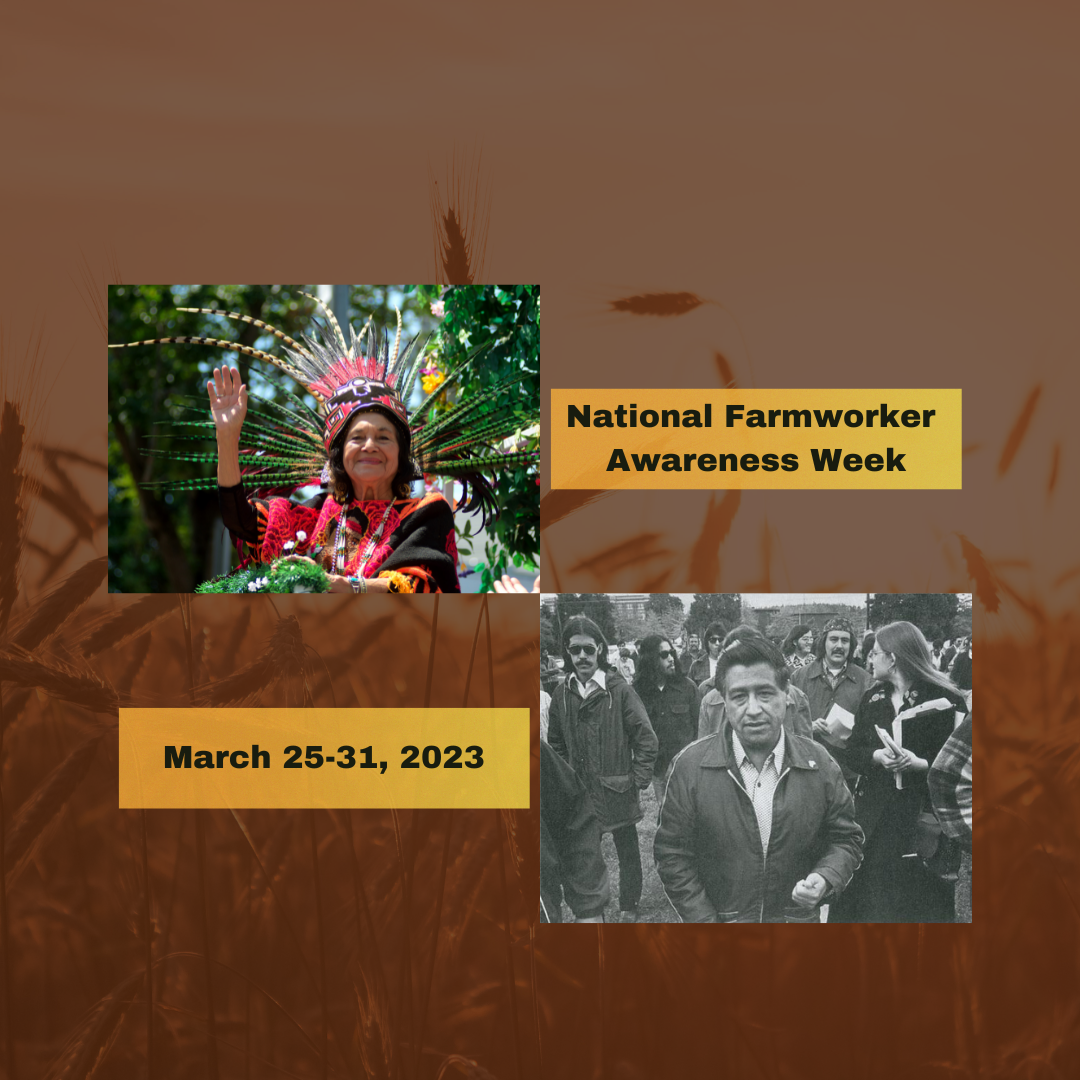 A collage of Dolores Huerta and Cesar Chavez over a plains background with the text "National Farmworker Awareness Week, March 25-31,2023".