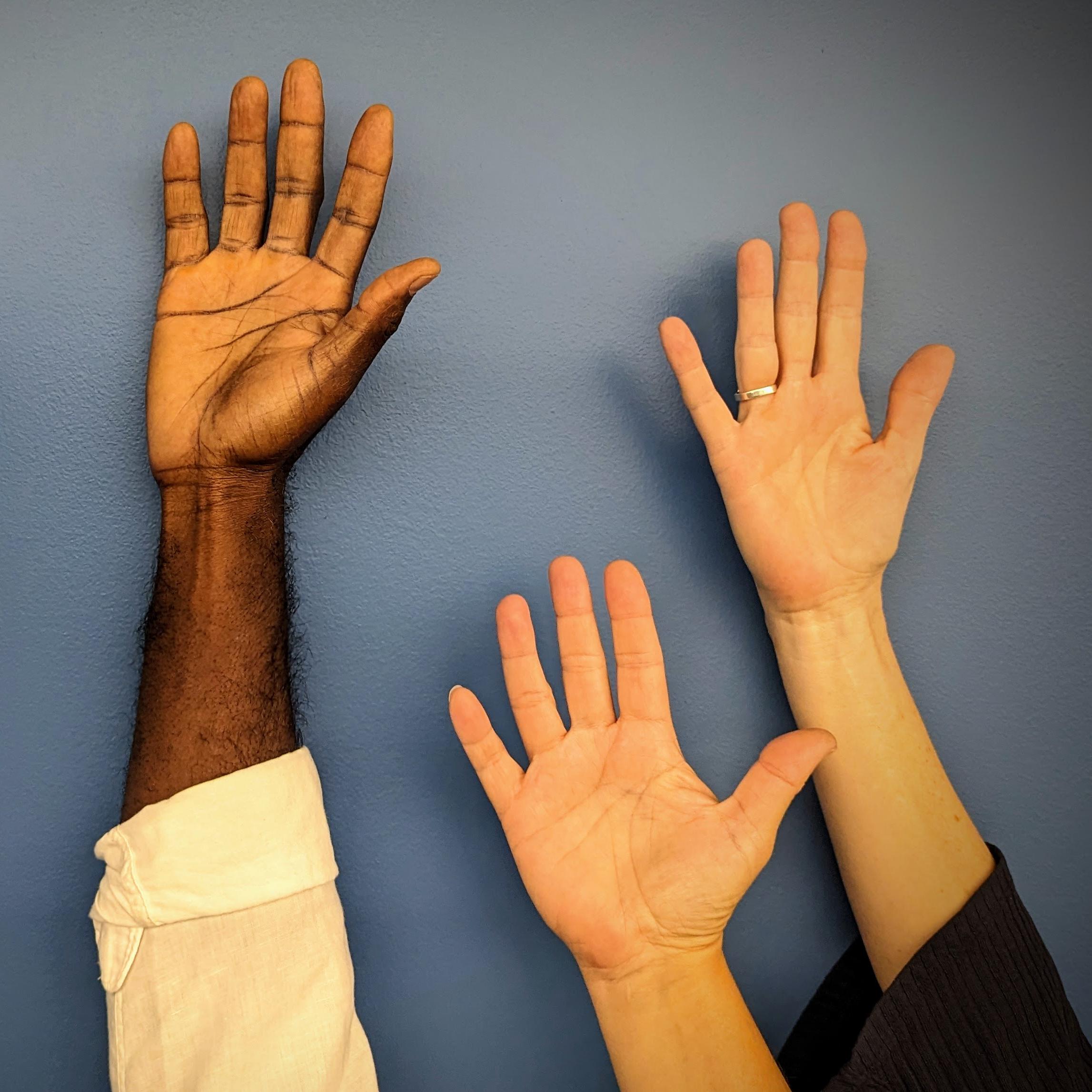 A photograph of four raised hands.